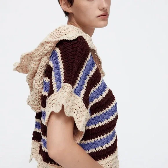 (Flawed) Zara Striped Crochet Knit Top Brown/Blue Cream Hooded Size Small - Picture 3 of 10